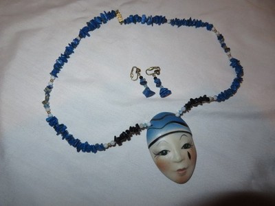 Vtg Pendant Porcelain Originals Elvira & Jackie w/Lapis Chain & Clip-on Earrings