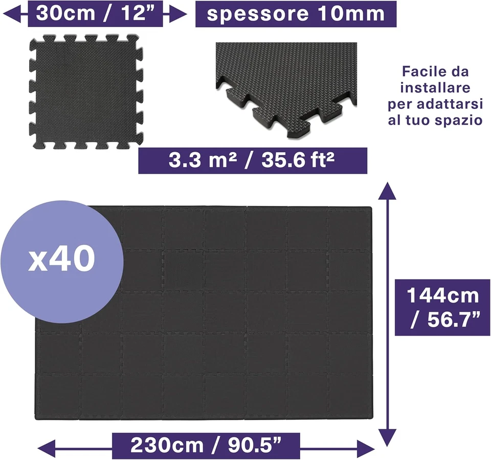 Tappetini Puzzle Di Palestra per Pavimento (30X30 Cm Ogni Tappeto) - Morbido E F - Immagine 3 di 4