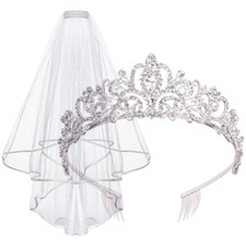 Tiara and Lace Bridal Veil, Crown Wedding Veils and Headpieces for Women, White