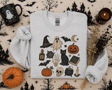Vintage Halloween Sweatshirt Spooky Season Crewneck Ghost Pumpkin Witchy Fall