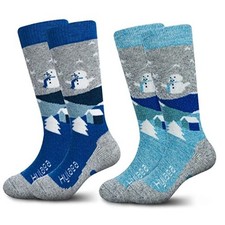 Merino Wool Ski Socks Kids, Knee-high Warm Thermal X-Small Grey Blue 2 Pairs 