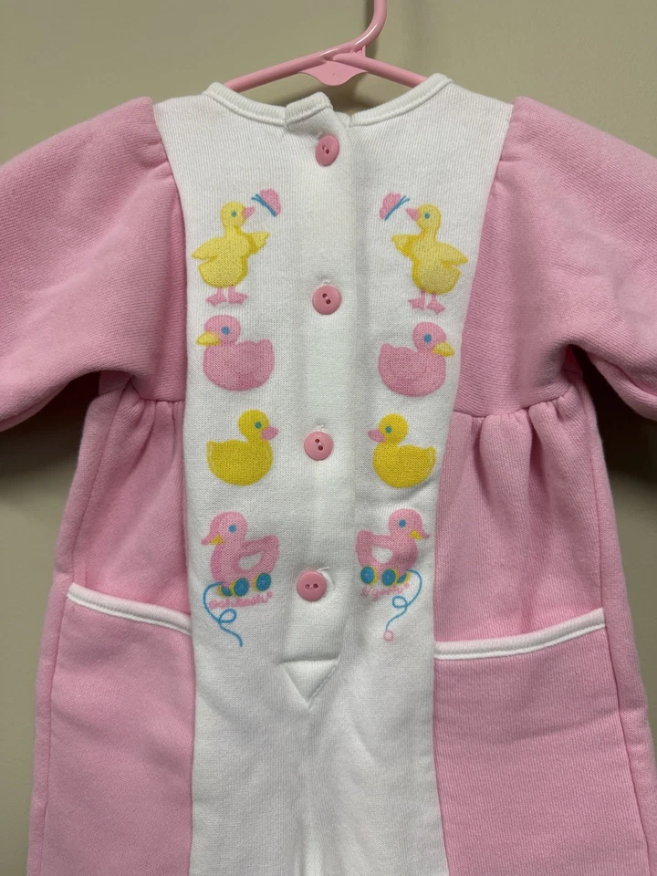 RARE Vintage Oshkosh Bgosh Pink White Fleece Romper 6-9M Baby Ducks Quack - Image 3 of 4