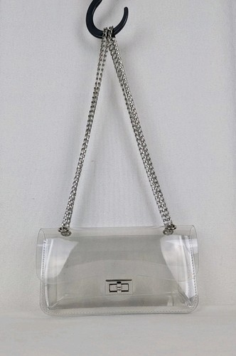 Klare Handtasche Tasche Silber Kette Umhängegurt oder Handtasche dicker Kunststoff Drehverschluss