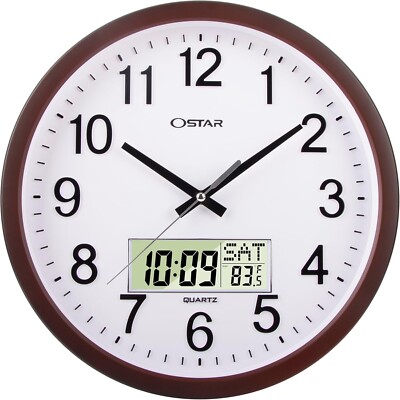 OSTAR 14'' Large Analog Battery Operation Digital Display Wall Clock New in Box