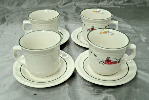 Pfaltzgraff Christmas SNOW VILLAGE 4 Tea Coffee Cup & Saucer Sets Snowman EC