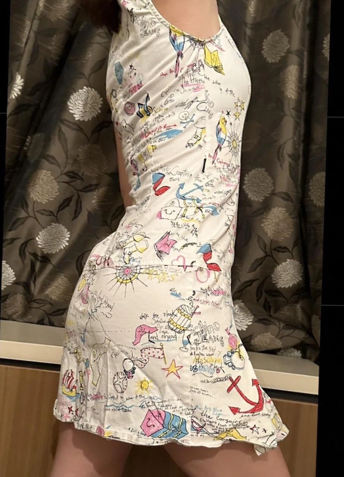 Abito Vintage Moschino Grafico Dettaglio Fibbie Made In Italy Anni 90 Taglia Uk 6 8