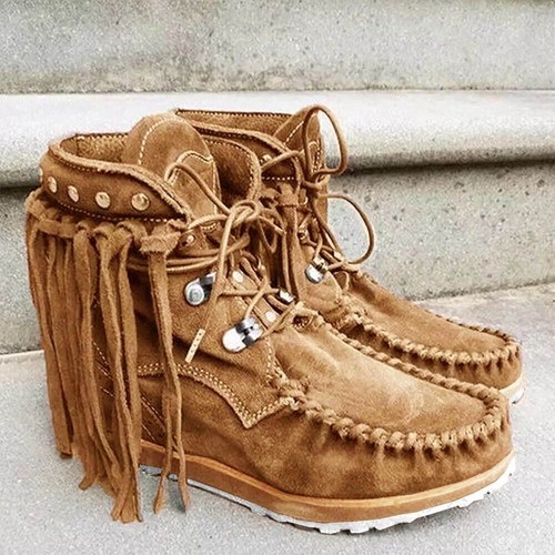 Mokassin Stiefel Winter Damen warme Schuhe kurz flach Wildleder Fransen Stiefeletten - Bild 15 von 27