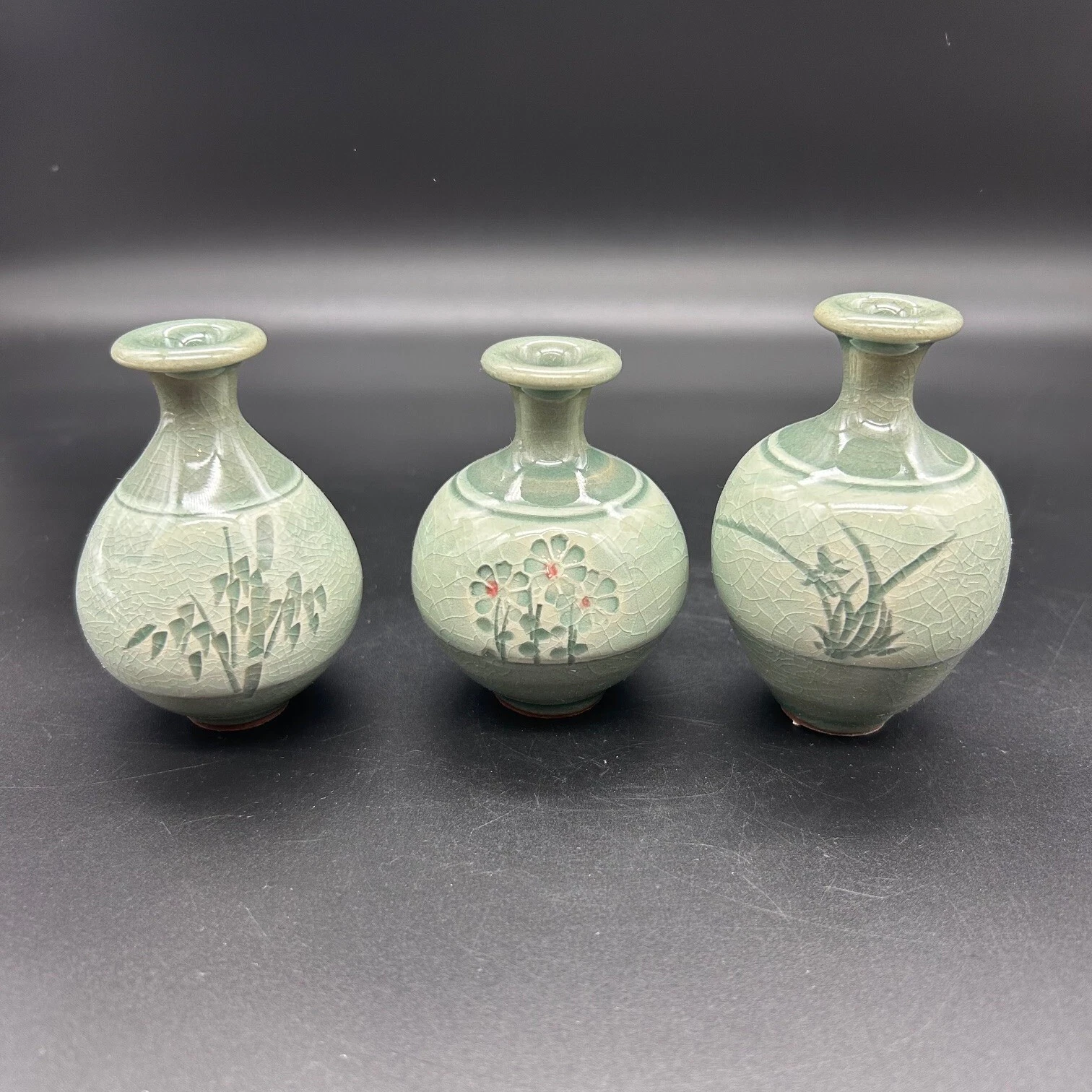 Miniature Green Celadon Glazed Ceramic Vases Set of 3 Japanese Incised Botanical