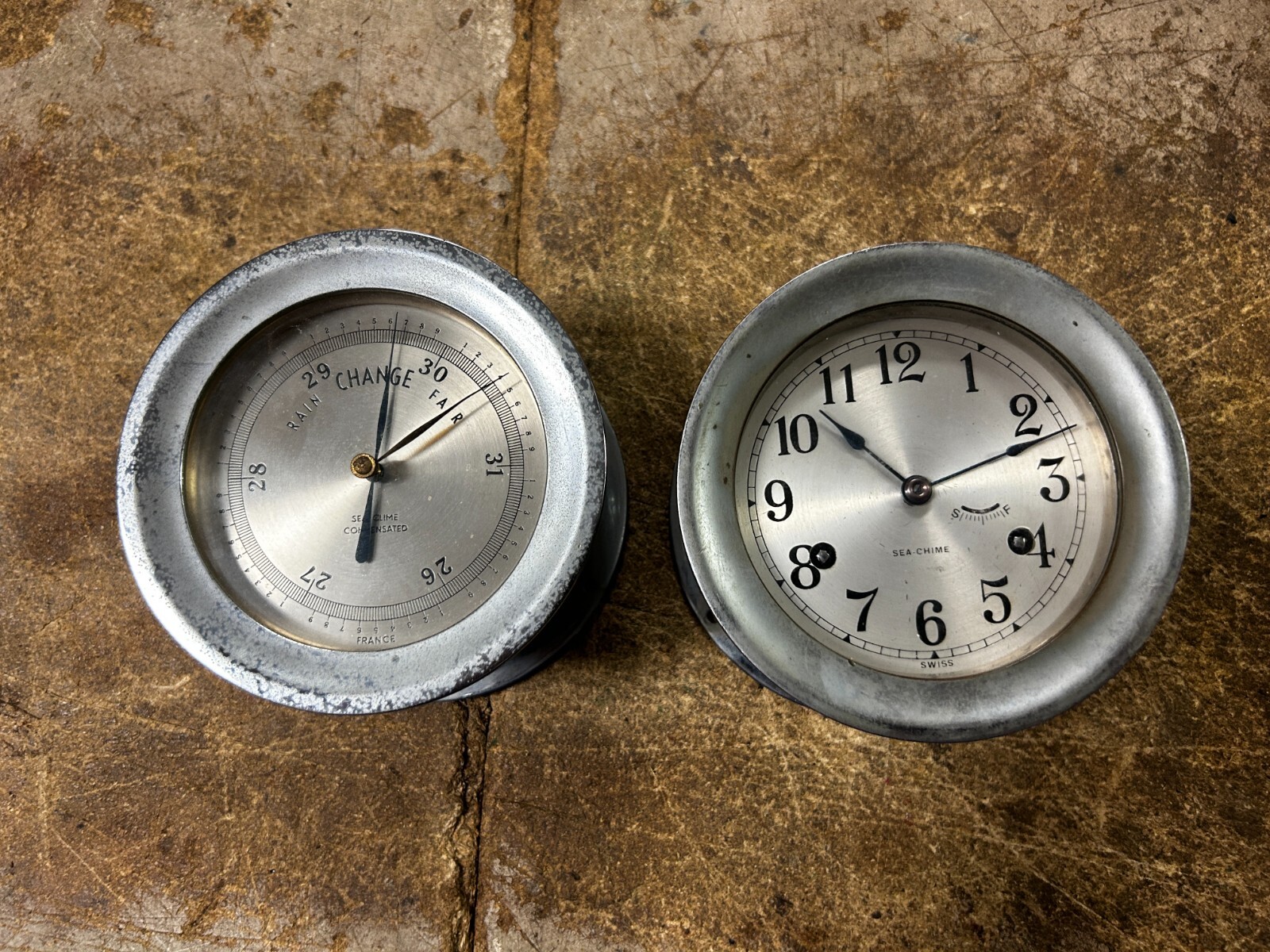 Pair of Sea Chime Ships Clock and Barometer Swiss & France