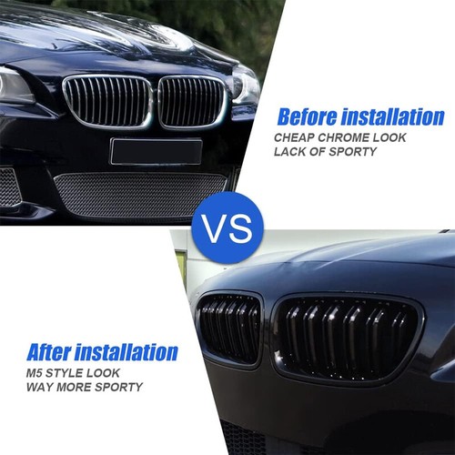 2 Lines Front Kidney Grille For BMW F10 528i 535i 550i M5 2010-2016 Gloss Black - Picture 4 of 11