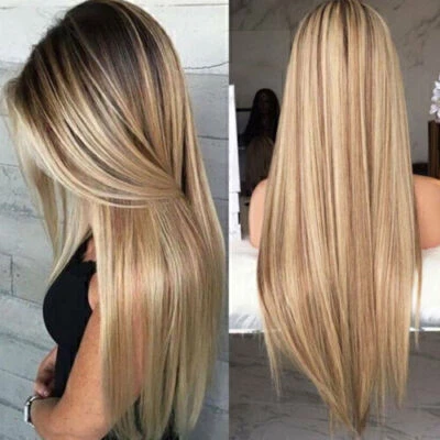 Perruque femme, cheveux humains, longue, raide, blonde ombrée, perruque cosplay - Photo 1/4