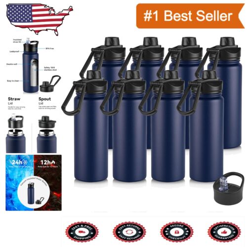 Durable 24oz Navy Insulated Water Bottles with Leak-Proof Straw Lid - 8 Pack