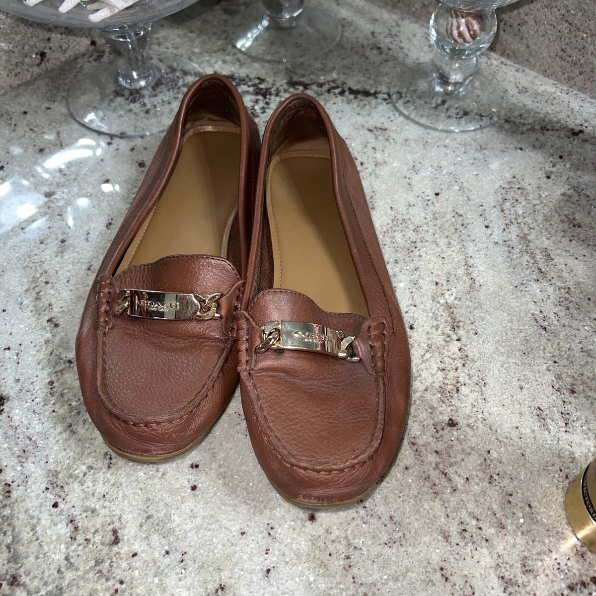 COACH Brown Pebble Leather Loafers Flats OLIVE Luggage Gold Women's