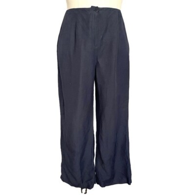 Precis Petite Navy Blue Linen Blend High Rise Wide Leg Cropped
