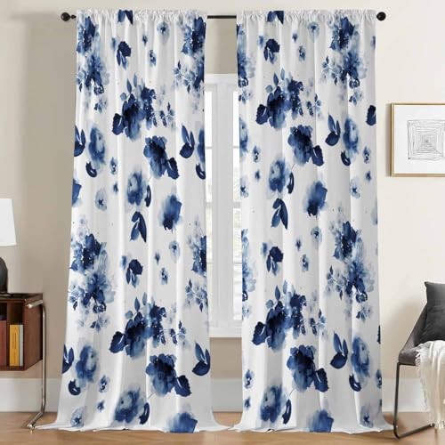 Blue and White Curtains 84 Inches Long 52"W x 84"L (Pack of 2) Blue Floral