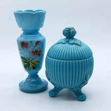 Portieux Vallerysthal Blue Opaline Lidded Bowl & Hand Painted Bristol Vase