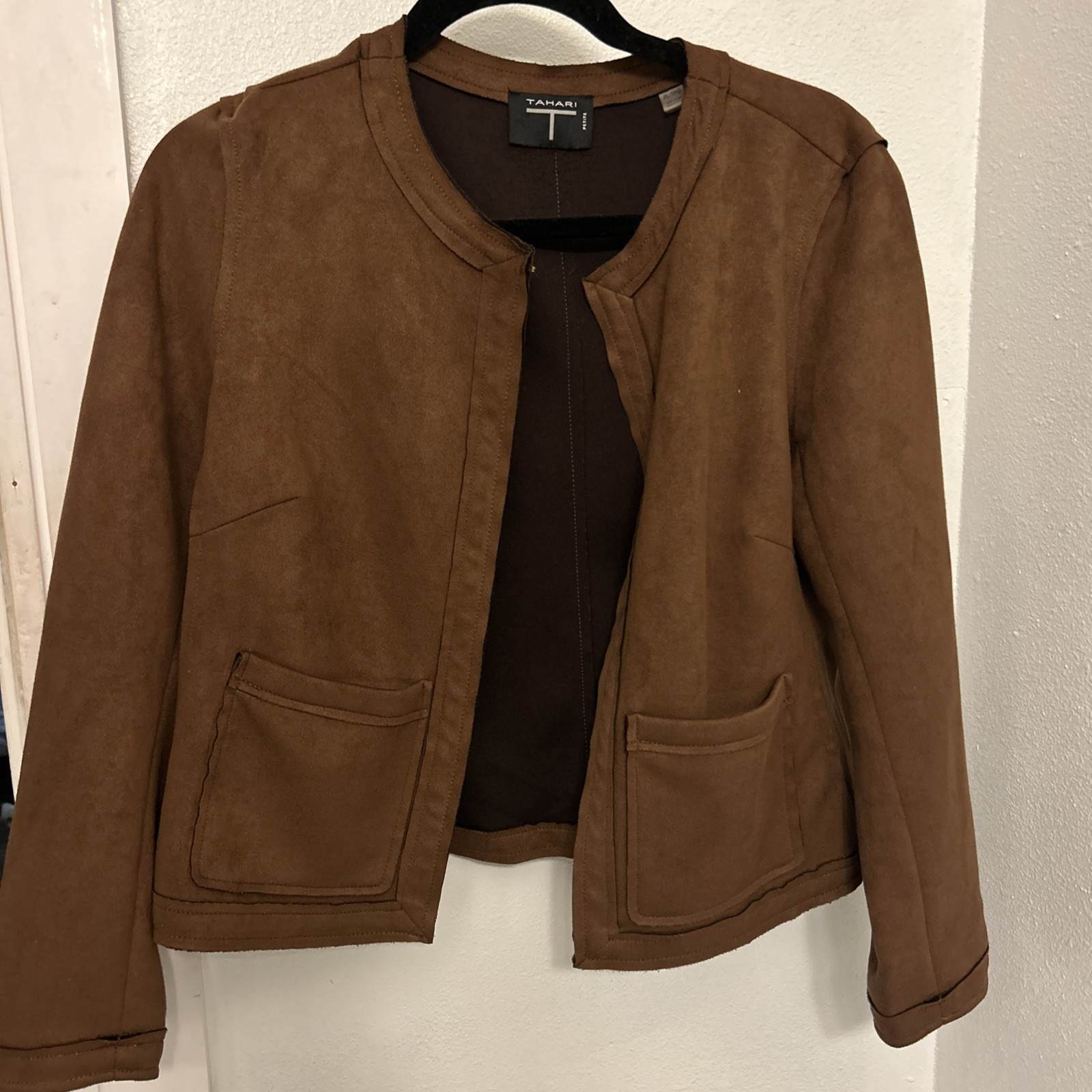 Tahari Faux Leather Open Front   Jacket Brown Size petite large