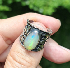 Ethiopian Welo Opal Ring 925 Sterling Silver Size 7 1/2 Green, Orange, Blue