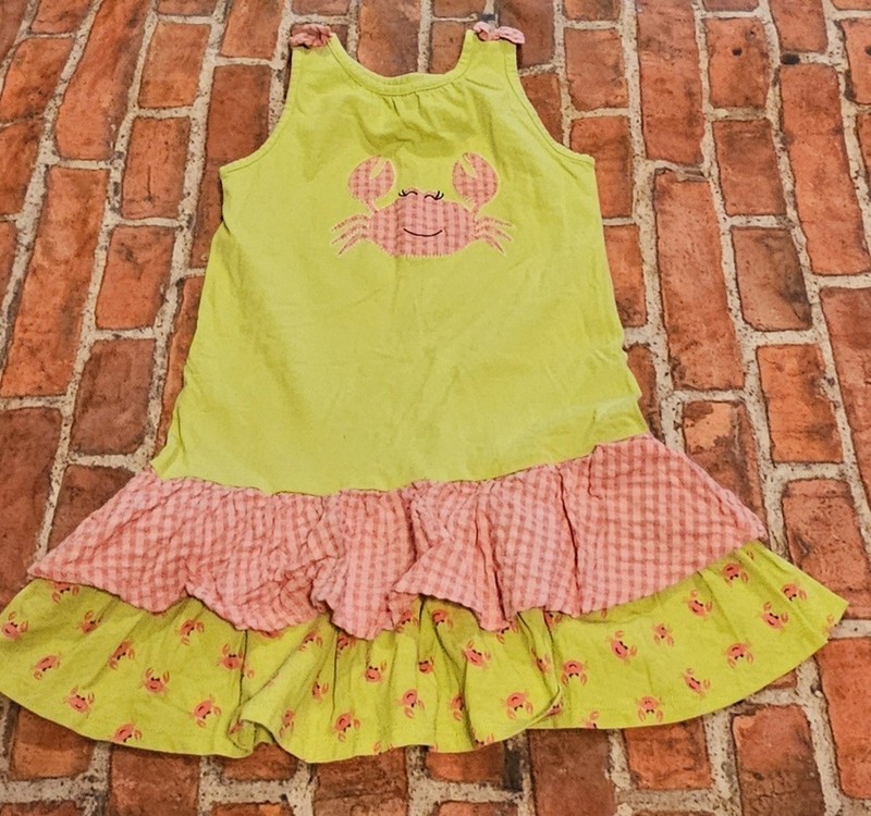 J Khaki Girls Lime Green Pink Crab Gingham Ruffle Tiered Summer Dress Size 5 Guc
