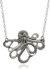 Large Octopus Silver Tone Necklace, Handmade Ocean Steampunk Charm Jewelry