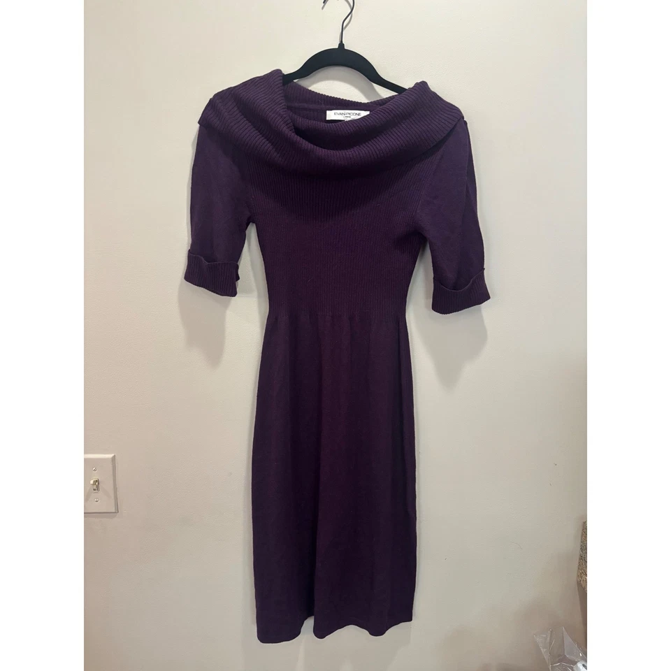 Nuevo con etiquetas Vestido Suéter Evan Picone Ciruela Púrpura Tejido Capucha Cuello Manga Corta Pequeño Foto 2 de 4