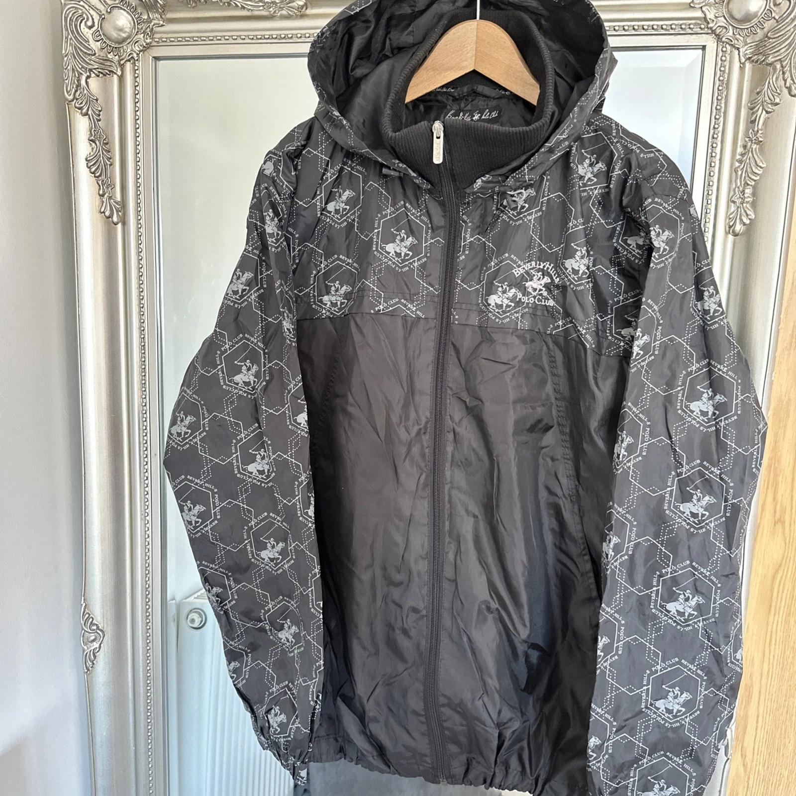 Vintage Beverly Hills Polo Club Windbreaker Jacket Black Grey Back Spellout