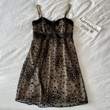 Y2K GUESS Black Gold Chiffon Polka Dot Babydoll Empire Waist Mini Dress Size 3