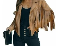 Chartou Women's 2XL Brown Faux Leather Jacket Crop Tassel Fringes Soft  Moto
