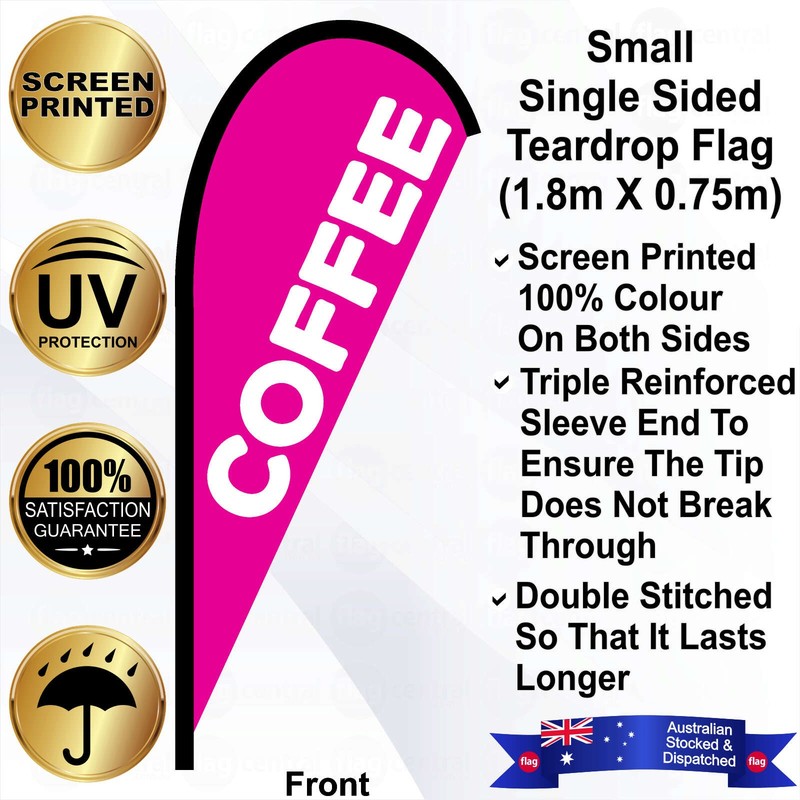 F - COFFEE Pink 2.4m Teardrop Flag / Banner Kit with Pole Set, Galvanised Steel Ground Spike, Steel Outdoor Cross Base, Free 15kg Water Bag and a Free Carry Bag - 1