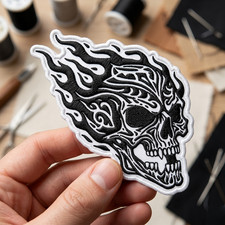 Embroidered Flaming Skull Patch Gothic Fire Skeleton Iron On
