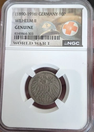 1890–1916 Germany 10 Pfennig WWI Wilhelm II – NGC Genuine Slabbed WWI - 1911 A