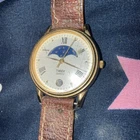 Vtg Timex Moon Phase Watch Unisex Gold Tone Brown Leather Date New Battery
