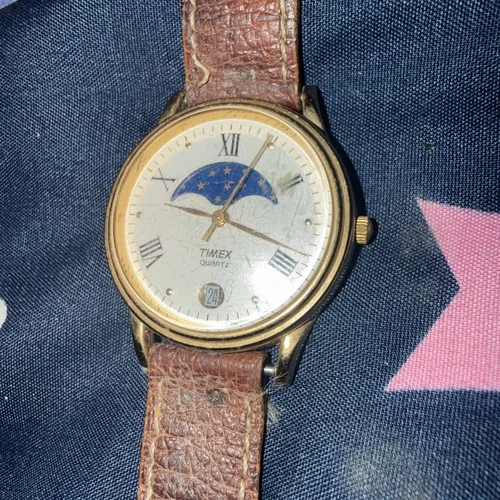 Vtg Timex Moon Phase Watch Unisex Gold Tone Brown Leather Date New Battery