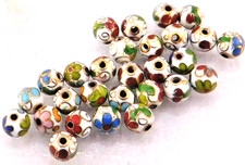 White with Floral Gold Trim Cloisonn  Beads 6 mm Millimeter Lot of 30