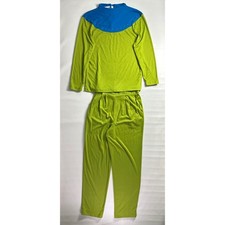 Vintage Leslie Fay Sz S/M 2 Piece Set Green Blue Studded Mock Neck Top Pants