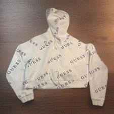 GUESS Los Angeles Womens XL White All Over Logo Print Cropped Pullover Hoodie