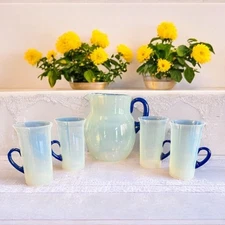 RARE Antique 1920s Fry Foval Opalescent Lemonade Set-Cobalt Blue-Art Deco