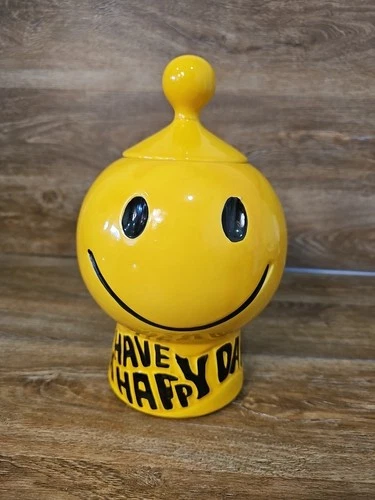 Vintage McCoy USA Pottery Smiley Face Cookie Jar Have A Happy Day W/ Lid Read