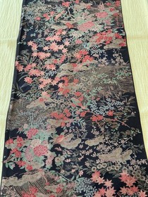 13"x64" Japanese  kimono silk fabric/ black, garden, birds, Chirimen Crepe RA47