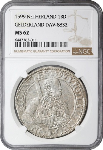 NETHERLANDS Gelderland Prinsen Rijksdaalder 1599 KM# 8 NGC MS-62 POP=1/0! - Picture 1 of 3