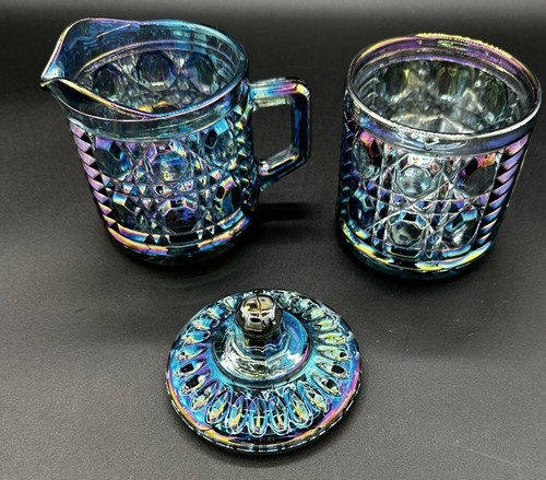 Sugar & Creamer Indiana Carnival Glass Blue Iridescent Windsor Button Cane Vtg - Picture 4 of 18