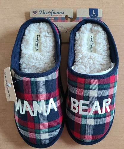 NEW NWT Dearfoams MAMA BEAR White Plaid Clog Memory Foam Slippers Large 9-10