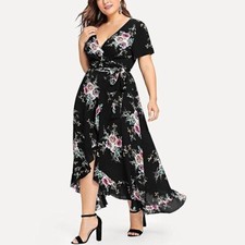 Womens Plus Size Short Sleeve V-Neck Bohemia Side Slit Irregular Ruffle 1XL