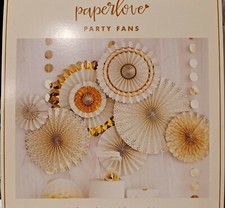 PAPERLOVE PARTY FANS Mint NIB 8 ASSORTED FANS GOLD Wedding and ALL OCCASIONS