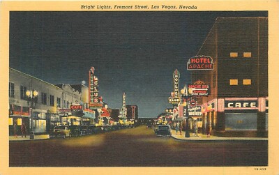 Postcard 1940s Nevada Las Vegas Bright Lights Fremont Street autos