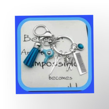 New Cute Hair Stylist Barber Shears  Comb Blue Tassel Silver Keychain
