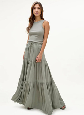 Splendid x Mary Lawless Lee Tiered Maxi Skirt Medium Sage Green Boho Prairie