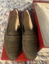 SALVATORE FERRAGAMO Green Nubuck Leather Durable Loafers Size 7B Black Trim Box