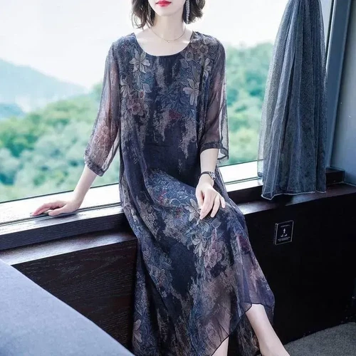 Women Chiffon Print Midi Dress Half Sleeves Casual Loose A-line Retro Ethnic - Picture 6 of 22