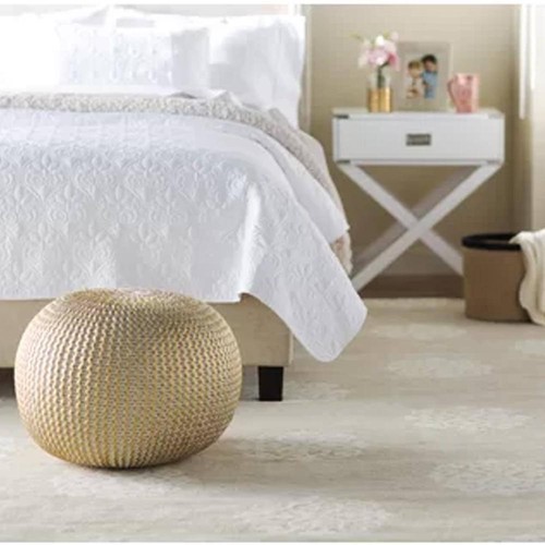 LR Home Pouf 16"x20"16" Oval Cableknit Cotton (60%) Aluminim (40%) in Bone/Gold - Picture 8 of 10